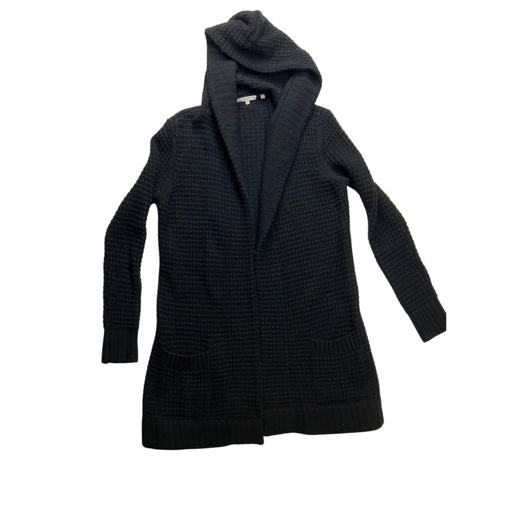 Vince Black Wool Cashmere Waffle Knit Hooded Open Front Cardigan Sweater Mens M